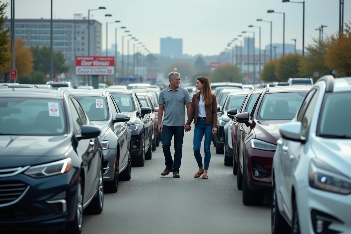 Vendeur accompagnant des clients dans un grand parking de concession automobile avec de nombreux véhicules neufs exposés