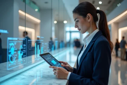 Conseillère bancaire interagissant avec une tablette numérique dans une agence bancaire moderne au design futuriste