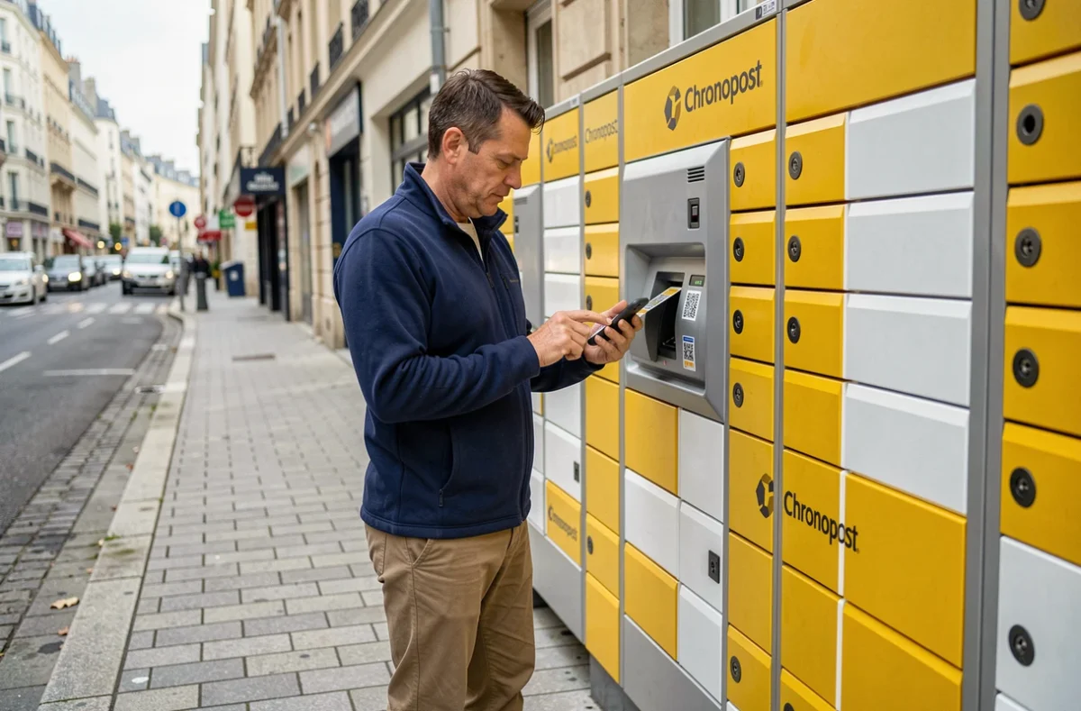 Homme déposant un colis dans une consigne automatique Chronopost en extérieur