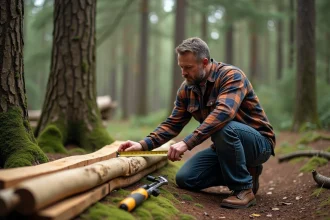 Homme mesurant des planches en bois pour construire une cabane dans une forêt dense