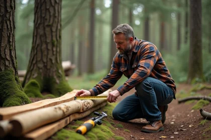 Homme mesurant des planches en bois pour construire une cabane dans une forêt dense
