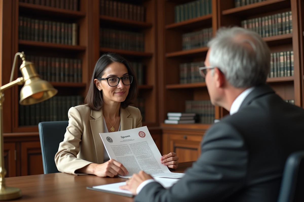 Femme et notaire consultant un document juridique opposable avec tampons officiels dans un cabinet de notaire classique
