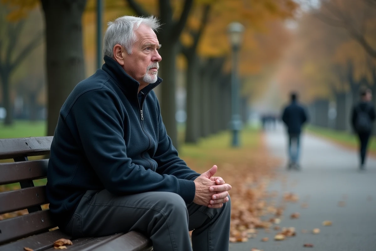 Homme fatigué assis seul sur un banc de parc avec un regard vide, illustrant les effets du cortisol chronique sur la concentration et les fonctions cognitives