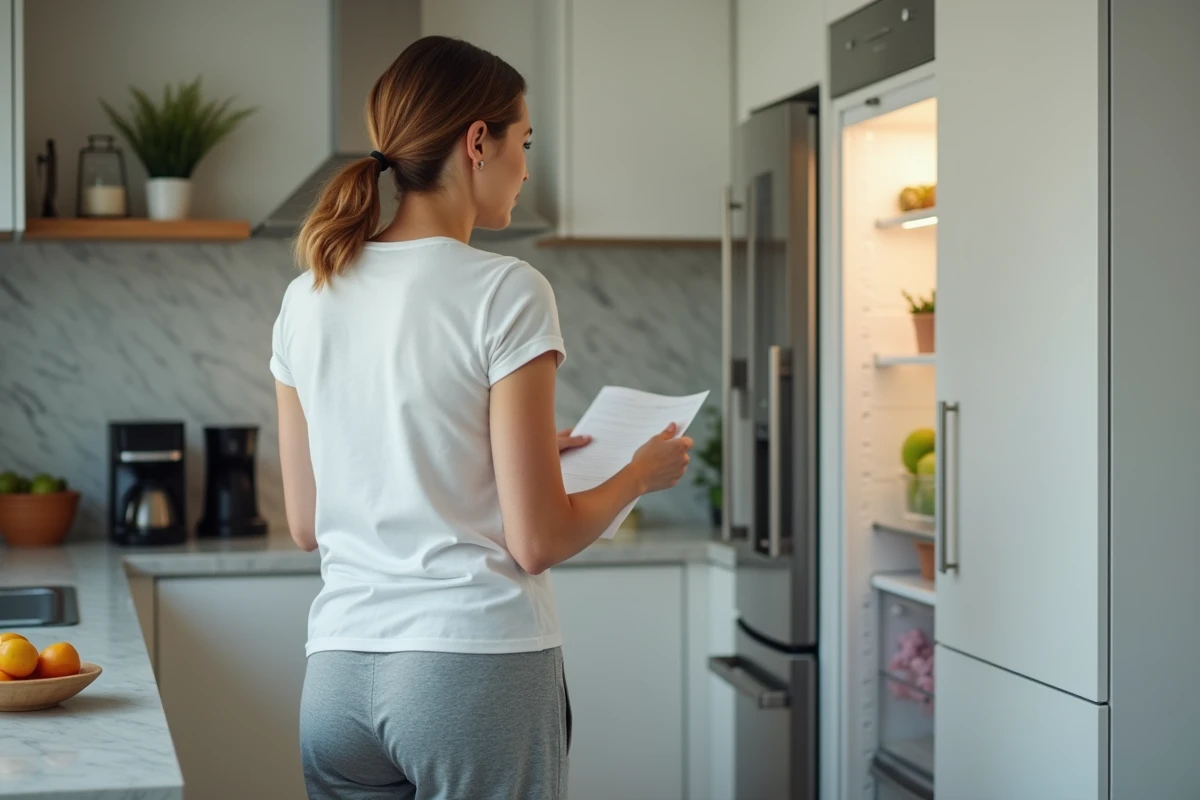 Femme distraite dans la cuisine regardant dans le réfrigérateur, symbolisant les troubles de mémoire liés au stress et au cortisol