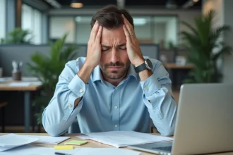 Homme stressé au bureau se tenant les tempes, illustrant les effets du cortisol sur les capacités cognitives