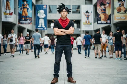 Cosplayeur d'Androïde 17 de Dragon Ball Z en tenue fidèle à l'anime lors d'une convention