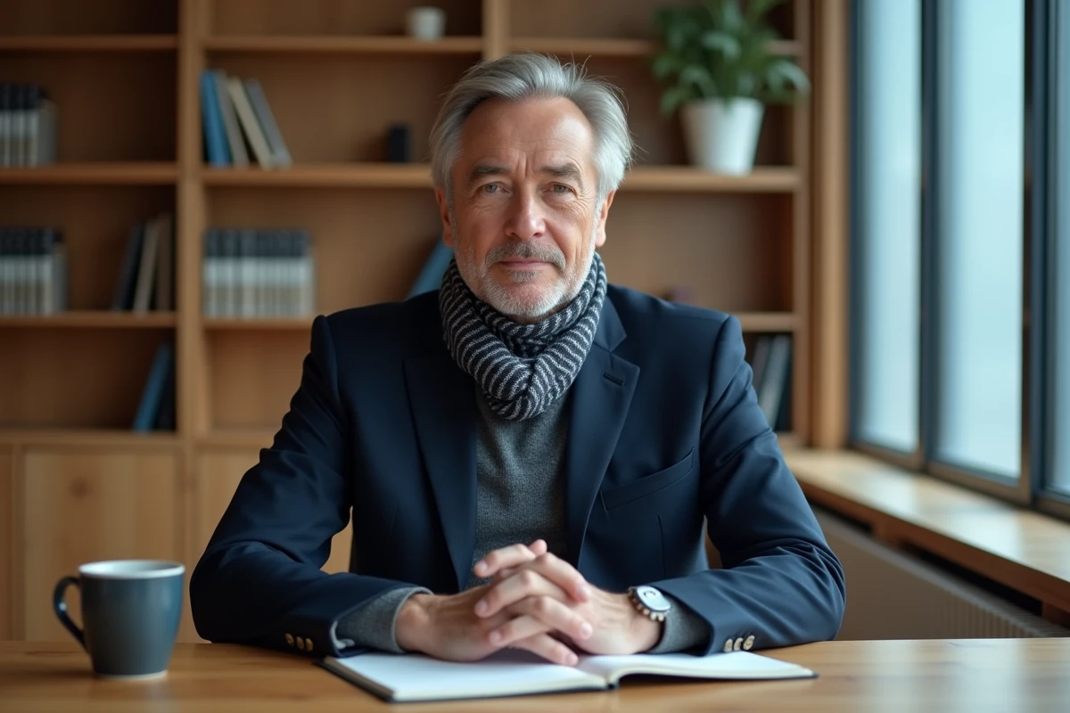 Homme en costume marine avec sous-couche thermique et foulard au bureau en hiver
