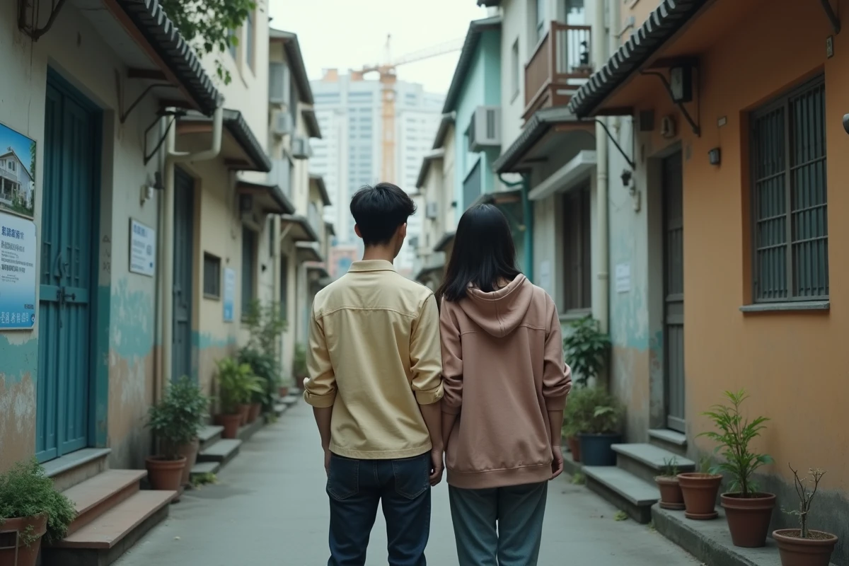 Jeune couple chinois devant un immeuble résidentiel à Shanghai illustrant les défis du logement et de la natalité en Chine