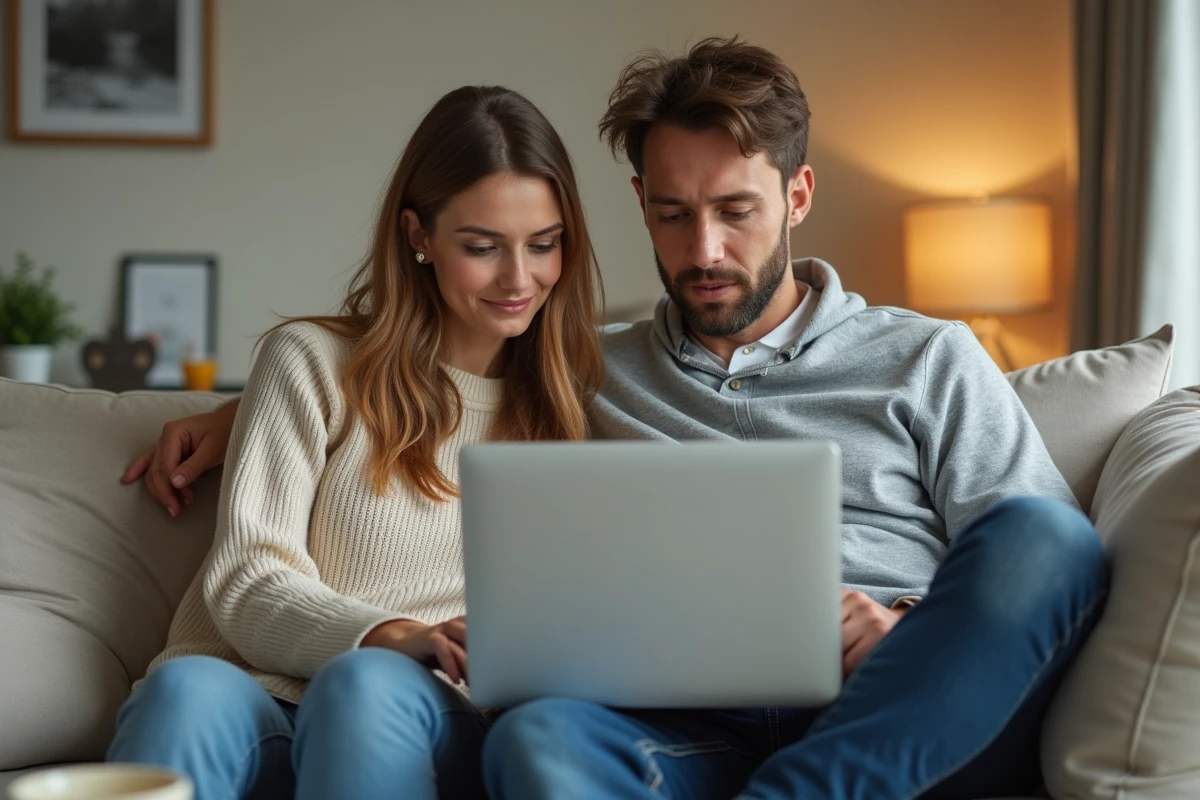 Couple comparant les livrets d'épargne en ligne pour investir 40 000 euros depuis chez eux