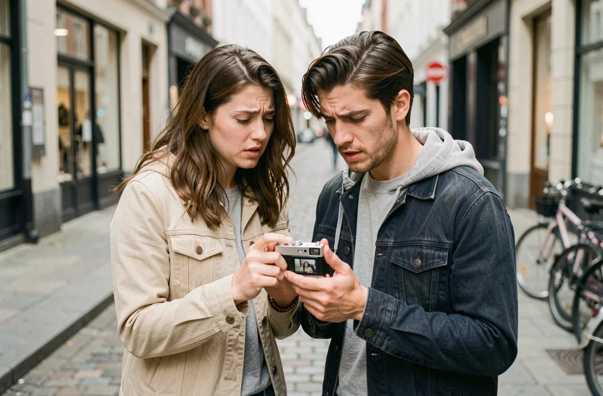 Couple de débutants regardant des photos ratées sur l'écran d'un appareil photo compact en ville