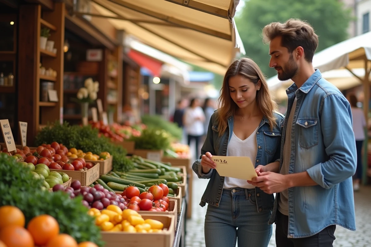 Un jeune couple compare les prix de légumes sur un marché en plein air, symbolisant le pouvoir d'achat préservé lors d'une période de faible inflation