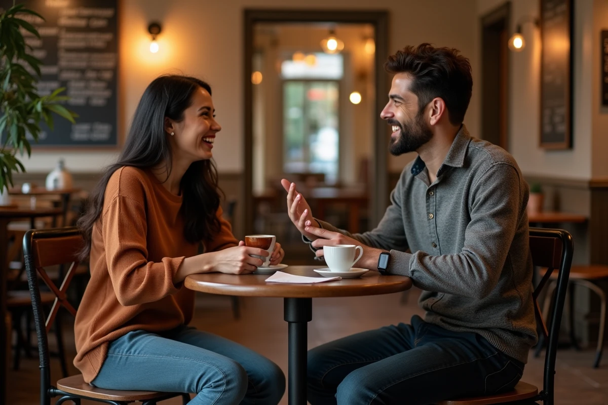 Couple riant ensemble en lisant un message de Saint-Valentin sincère dans un café parisien