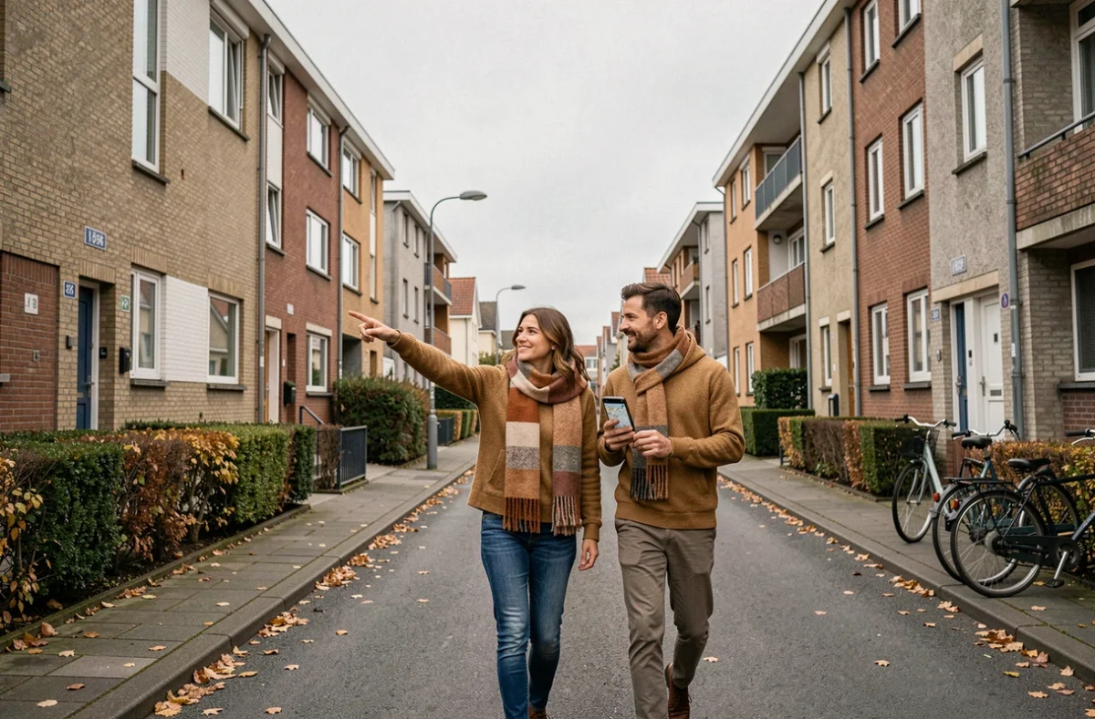 Couple cherchant une adresse dans un quartier résidentiel de Dunkerque en automne