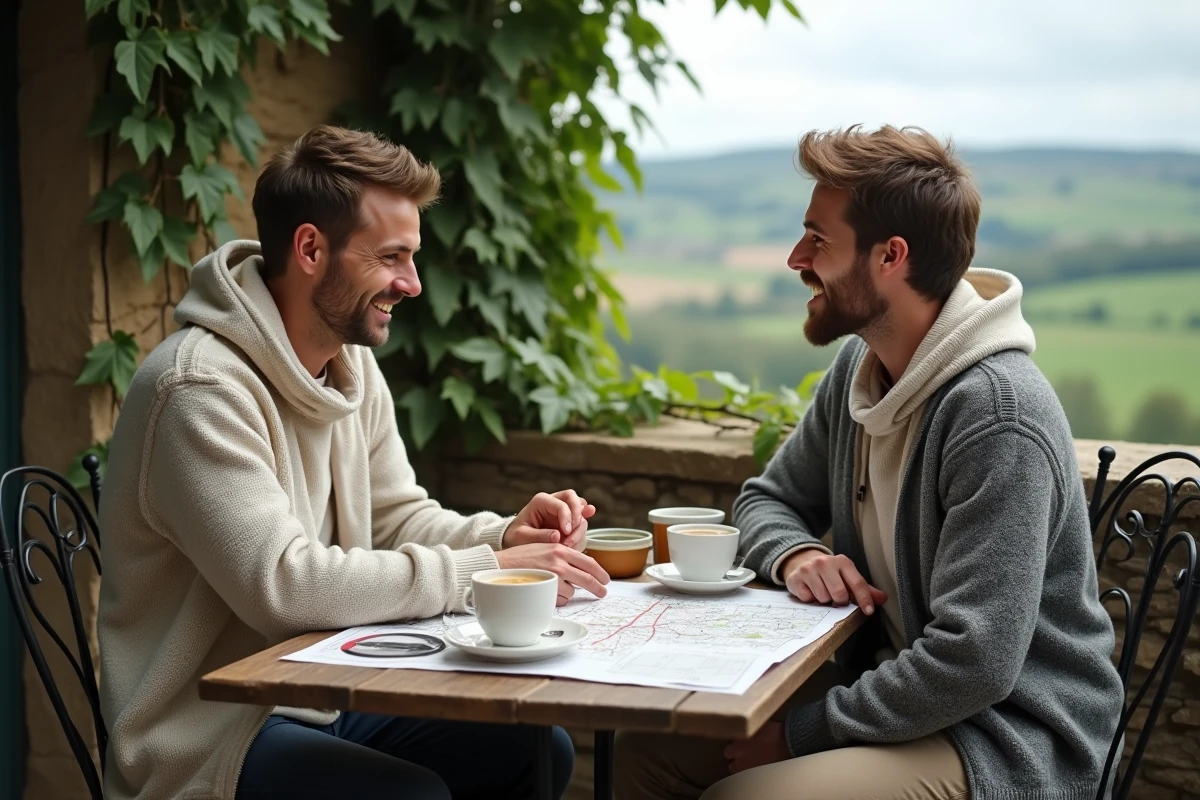 Couple en slowcation consultant une carte à la main à la terrasse d'un café de campagne, autour d'un café en pleine nature, symbolisant un voyage lent et conscient