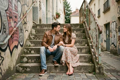 Jeune couple dans un cadre urbain des années 80 évoquant l'ambiance du film L'amour ouf sur Netflix