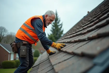 Couvreur inspectant une toiture en tuiles béton résistante au vent sur une maison individuelle