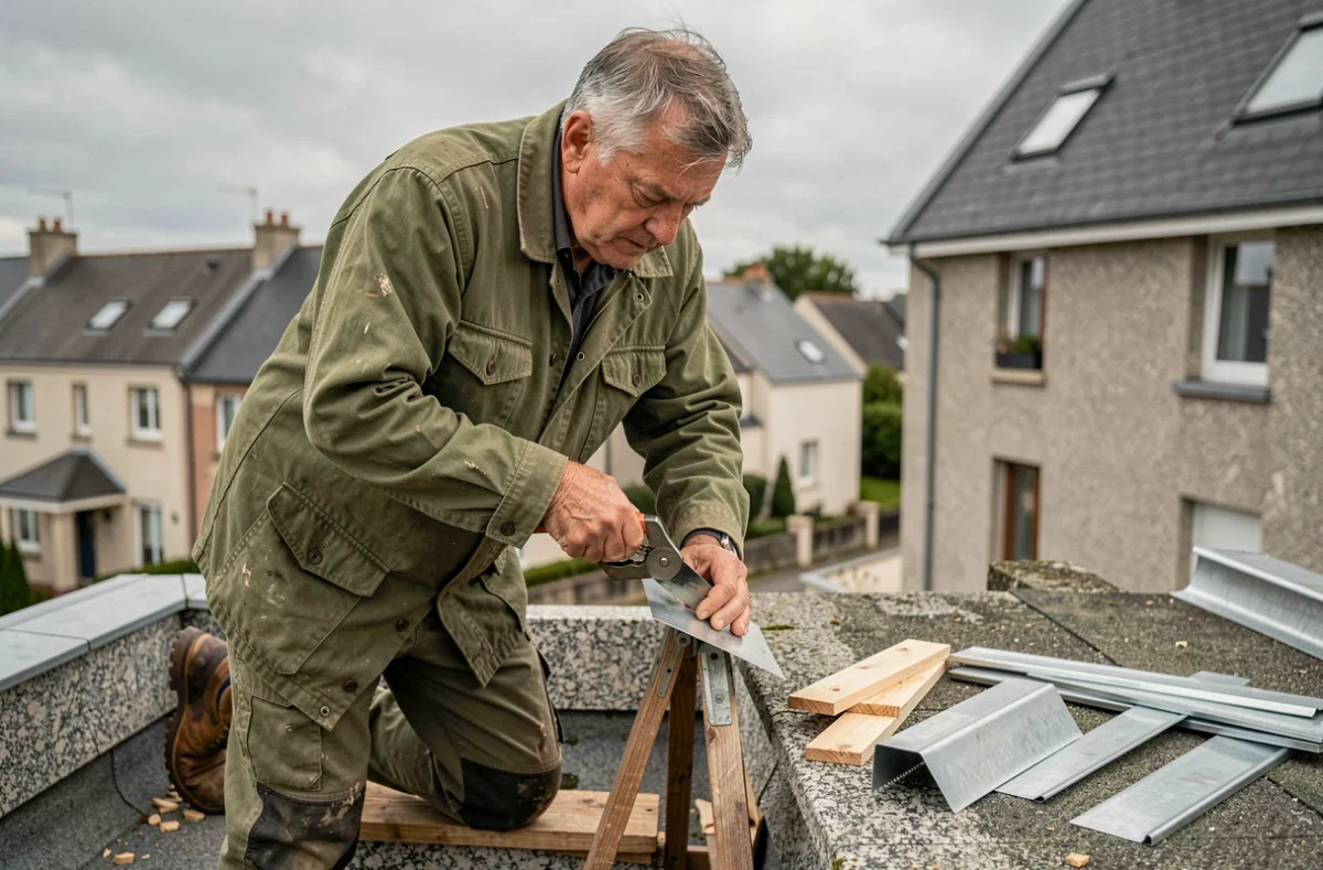 Couvreur Le Corre découpant un faîtage en zinc sur un toit en granit dans un quartier résidentiel de Brest