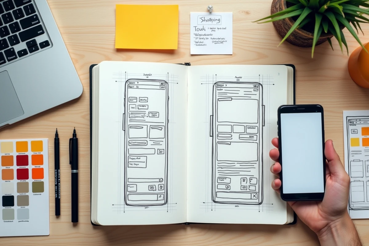 Vue aérienne d'un carnet de croquis avec des wireframes UI dessinés à la main entouré d'outils de design
