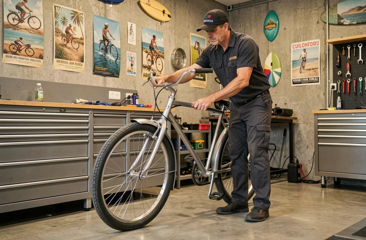 Mécanicien montant un guidon sur un vélo cruiser dans l'atelier Cruiser Dealers à Mérignac