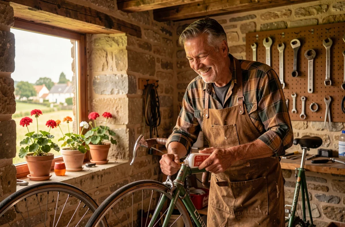 Mécanicien lubrifiant une chaîne de vélo dans le petit atelier rural CyclO PierrO à Fronsac