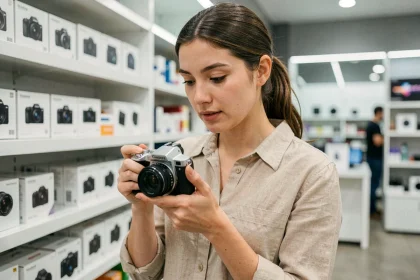 Jeune femme débutante examinant un appareil photo compact dans un magasin d'électronique