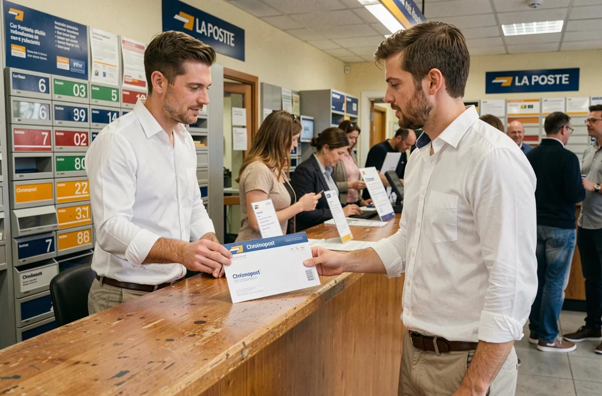 Homme déposant une enveloppe Chronopost au comptoir d'un bureau de La Poste