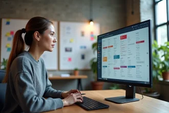 Designer UI devant un écran affichant des maquettes d'interface utilisateur colorées dans un studio moderne