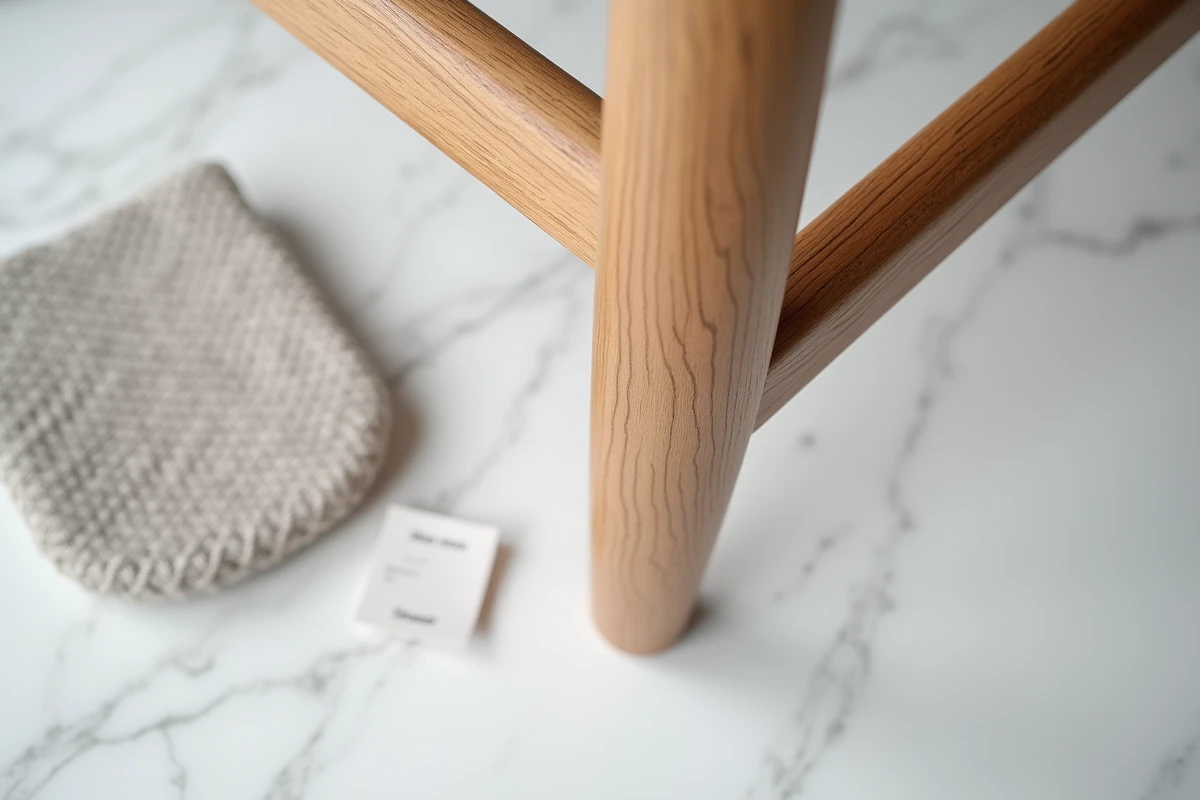 Détail d'un assemblage en bois de chaise scandinave en chêne huilé avec tissu laine grise, mettant en valeur la qualité des matériaux et la précision artisanale des meubles nordiques