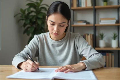 Femme analysant un document imprimé pour détecter un texte généré par une intelligence artificielle