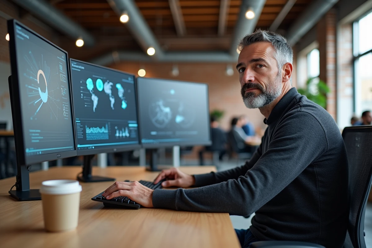 Développeur technologique travaillant sur des écrans d'intelligence artificielle dans un bureau moderne