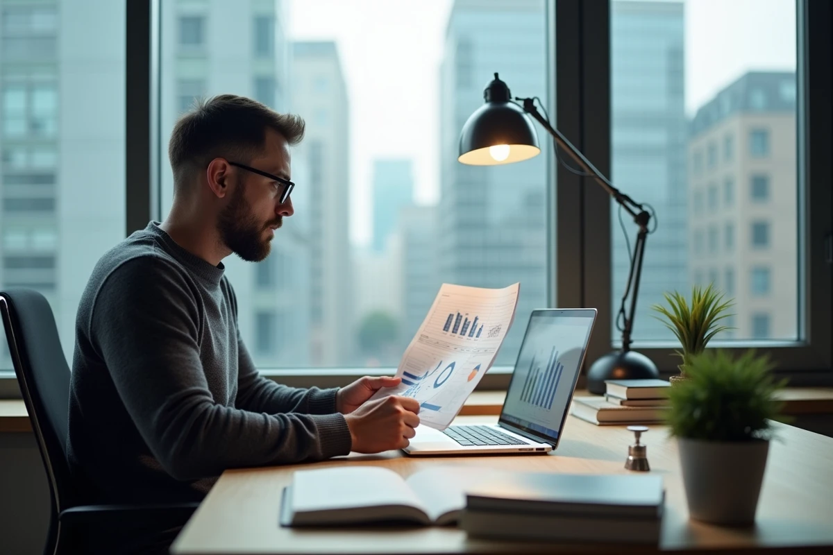 Dirigeant d'entreprise analysant un rapport d'audit d'innovation stratégique dans un bureau moderne avec vue sur la ville