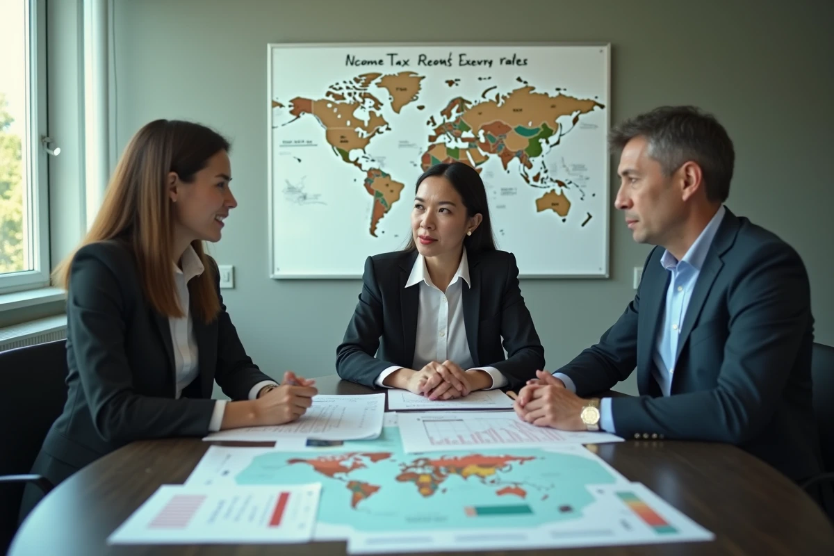 Groupe de professionnels discutant de comparaisons fiscales mondiales autour d'une table avec cartes et graphiques