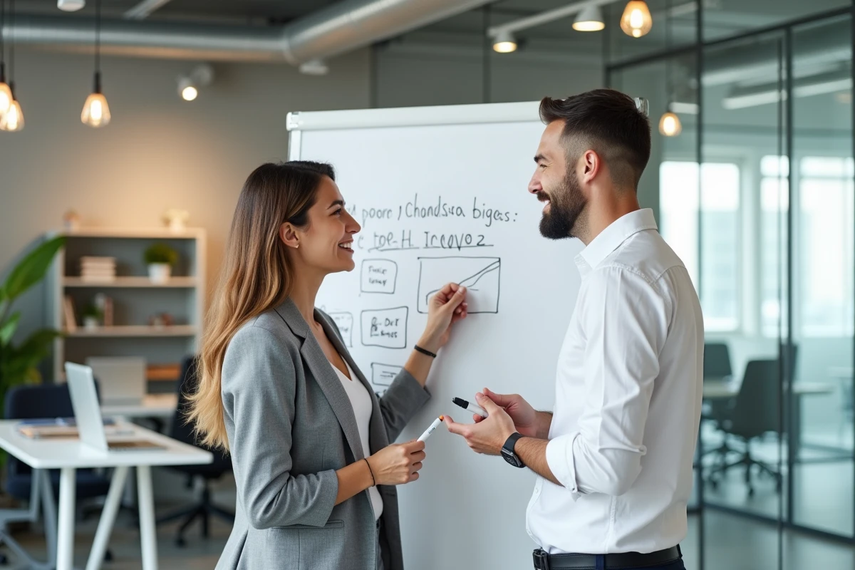 Deux collègues discutant de terminologie neutre et de synonymes au tableau blanc dans un bureau moderne