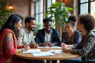 Groupe multiculturel de professionnels adultes réunis autour d'une table en bois dans un espace de coworking urbain, représentant la diversité culturelle au travail
