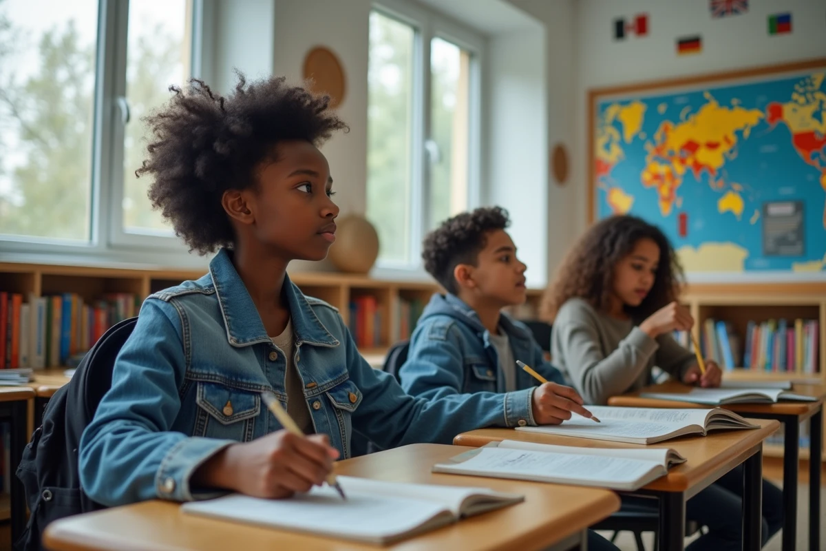Élèves adolescents de différentes origines culturelles étudiant ensemble dans une salle de classe moderne ornée de drapeaux du monde, symbolisant la diversité culturelle dans l'éducation