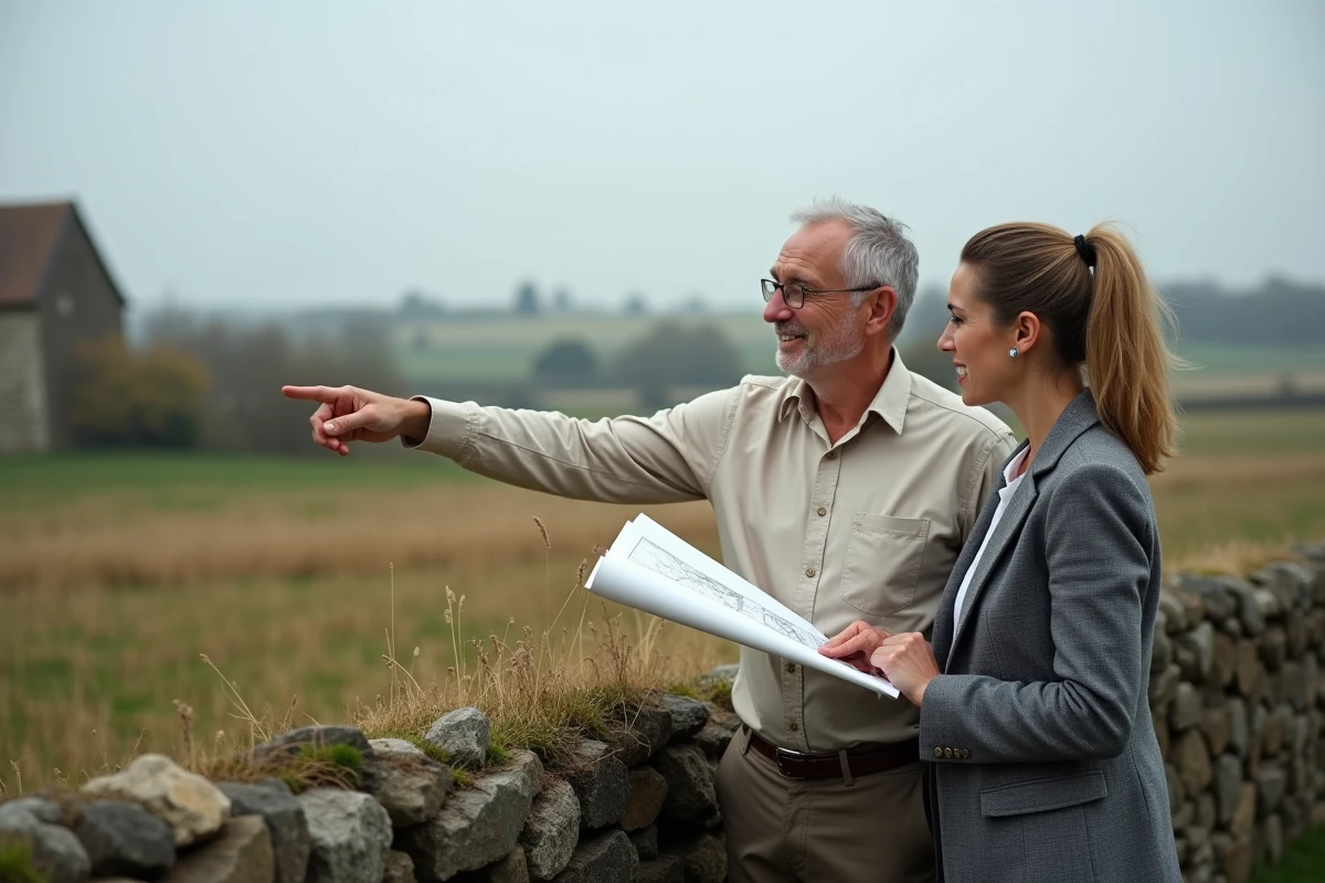 Professionnels du droit examinant un plan cadastral sur le terrain pour une question de droit de propriété liée à l'article 544