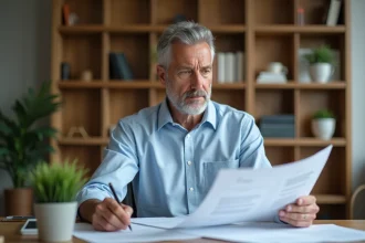 Homme d'affaires consultant des documents financiers liés à la durée de détention de parts de SCPI