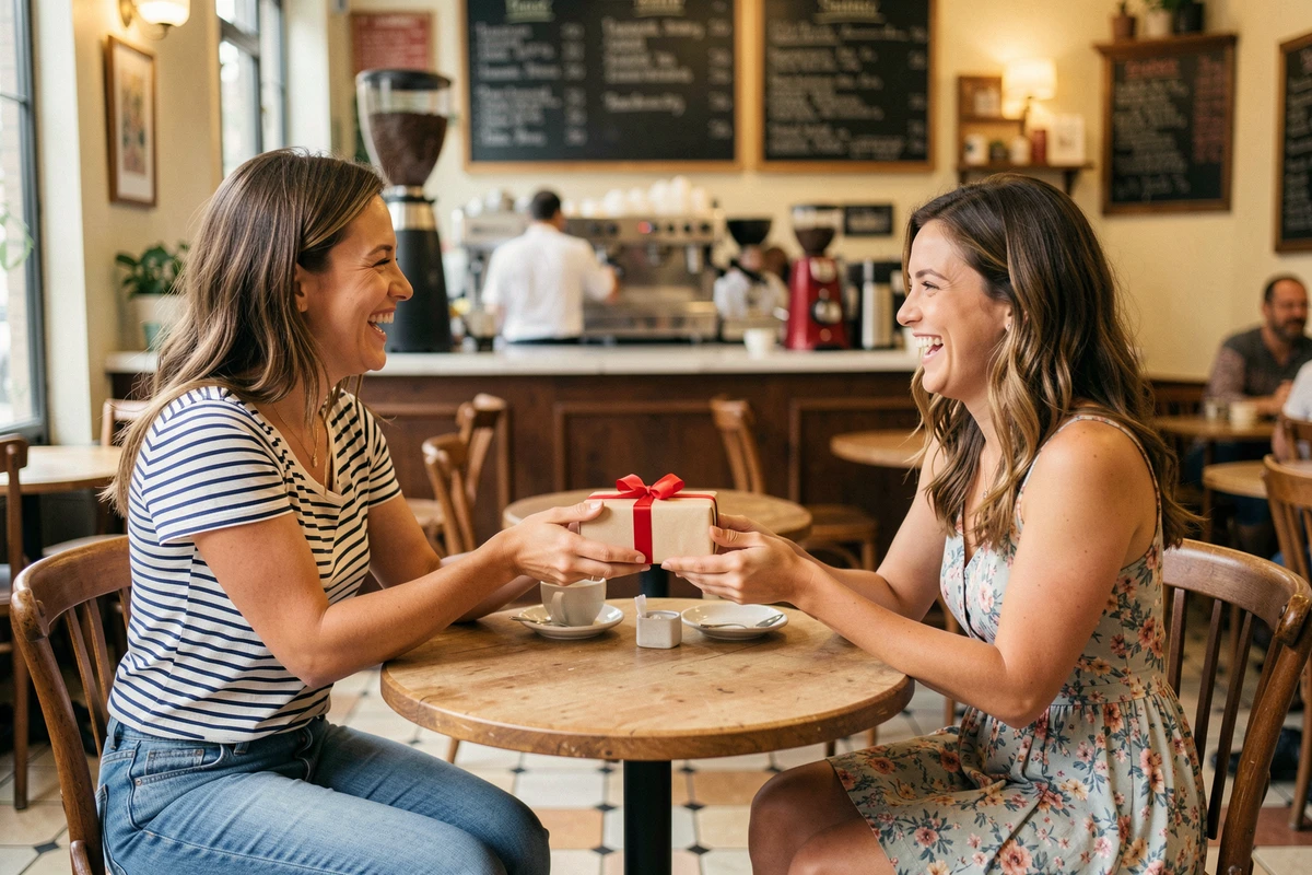 Deux amies échangeant un cadeau d'anniversaire pas cher dans un café français