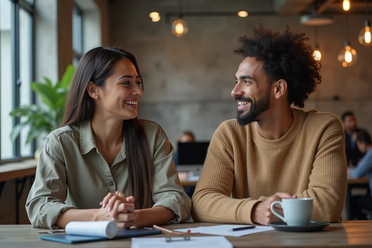 Deux professionnels échangeant avec confiance et affirmation de soi dans un espace de travail collaboratif