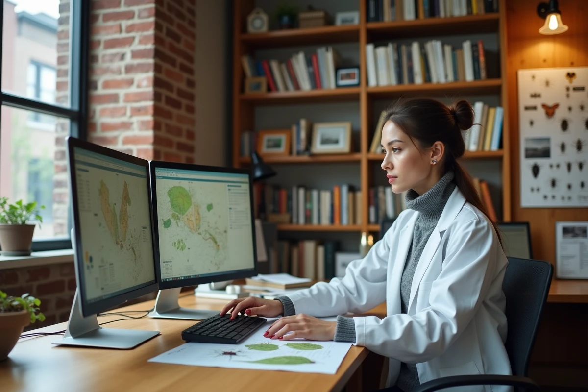 Écologue analyste en bureau universitaire entourée de données scientifiques et de guides botaniques