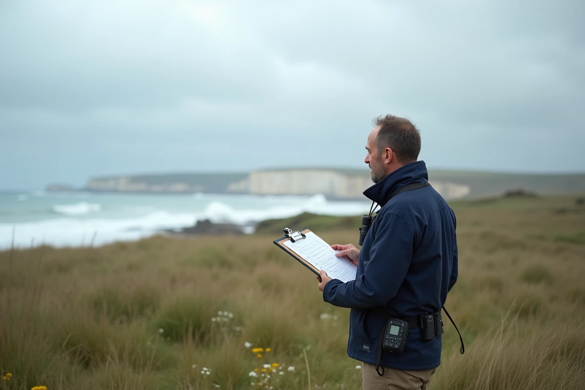 Écologue homme observant la biodiversité côtière dans une prairie au bord des falaises