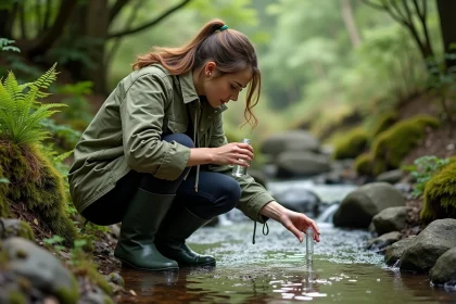 Écologue femme en terrain naturel collectant un échantillon d'eau dans un ruisseau forestier