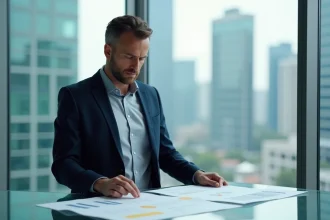 Économiste analysant des graphiques de croissance économique dans un bureau moderne avec vue sur la ville