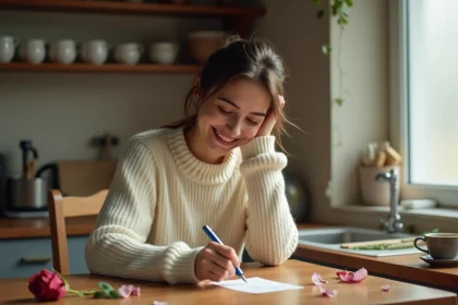 Femme écrivant une carte de Saint-Valentin à la main avec une plume vintage dans une cuisine chaleureuse