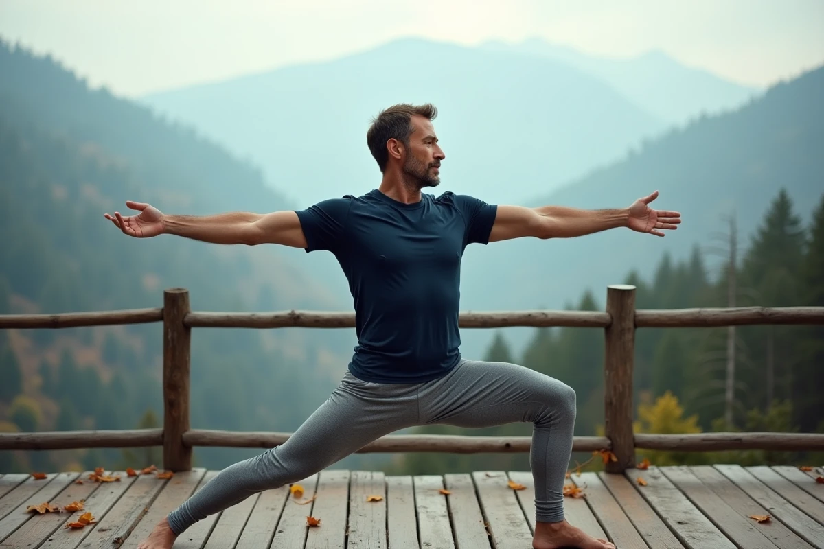 Homme en posture guerrier II de yoga sur terrasse en bois face à un paysage montagneux brumeux