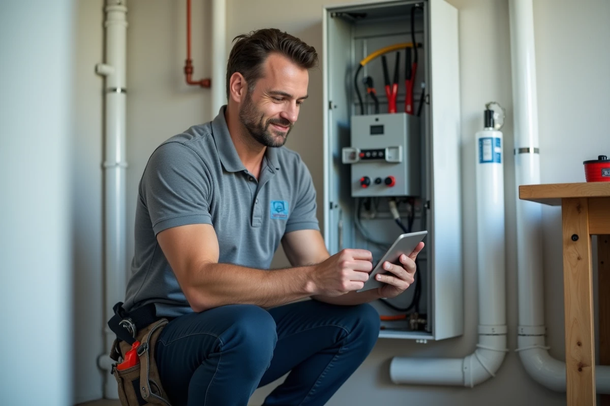 Électricien qualifié travaillant sur un tableau électrique, métier technique rémunéré à 50 euros de l'heure