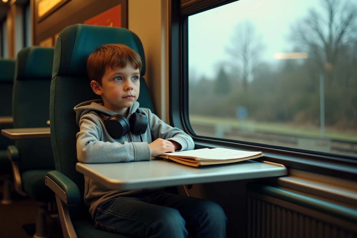 Garçon de 12 ans assis seul dans un wagon de train avec une valise, regardant par la fenêtre pendant un voyage non accompagné