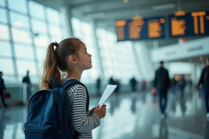 Jeune fille de 10 ans avec un sac à dos dans un terminal d'aéroport, regardant le tableau des départs, illustrant le voyage d'un enfant non accompagné
