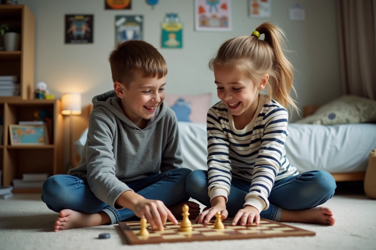 Deux enfants d'une famille recomposée jouant ensemble à un jeu de société dans une chambre partagée, symbole d'une nouvelle fratrie qui se construit