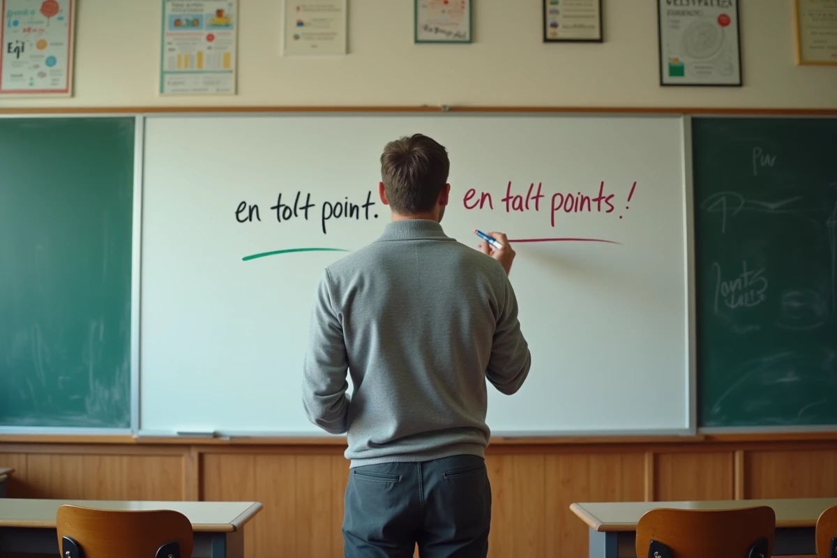 Enseignant expliquant la règle d'accord en tout point ou en tous points au tableau dans une salle de classe